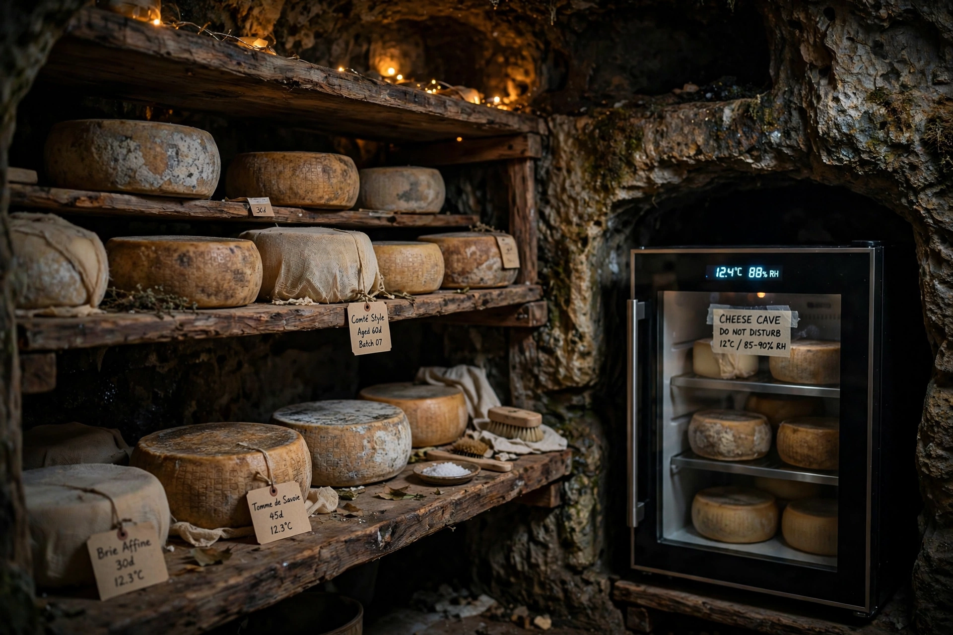A small home cheese cave with wheels aging on wooden shelves