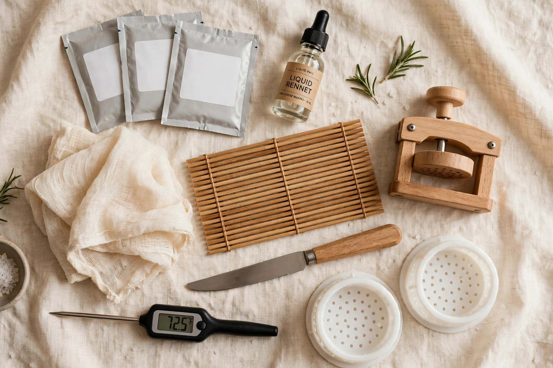 A beginner cheese making kit laid out on linen