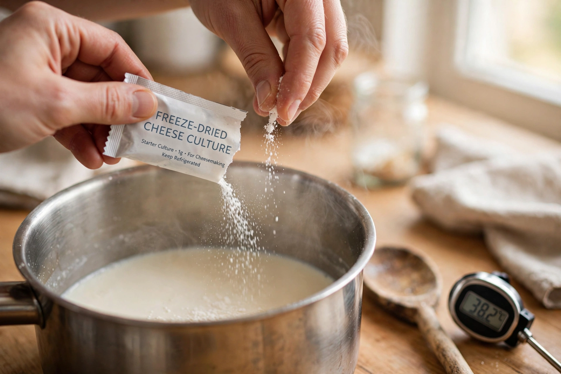 Hands sprinkling cheese culture over warm milk in a home kitchen